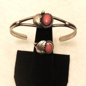 Sterling Coral Cuff  Bracelet and matching Ring5.5